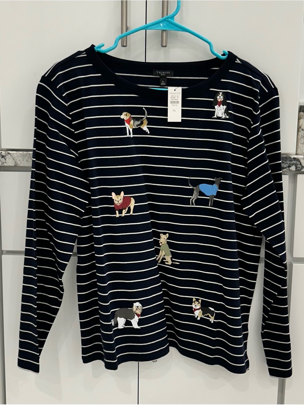 Talbots Navy and White Striped Long Sleeve Tee with Dog Print